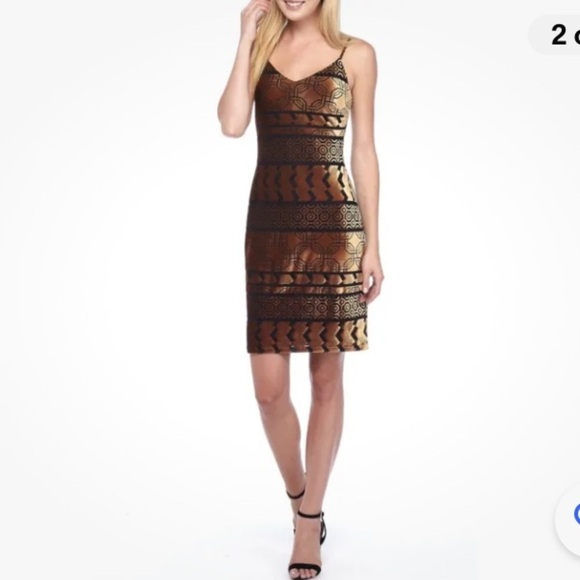 NWT NICHOLE MILLER BLACK/BRONZE VELVET BURNOUT AZTEC PRINT SPAGHETTI STRAP DRESS - Picture 2 of 16